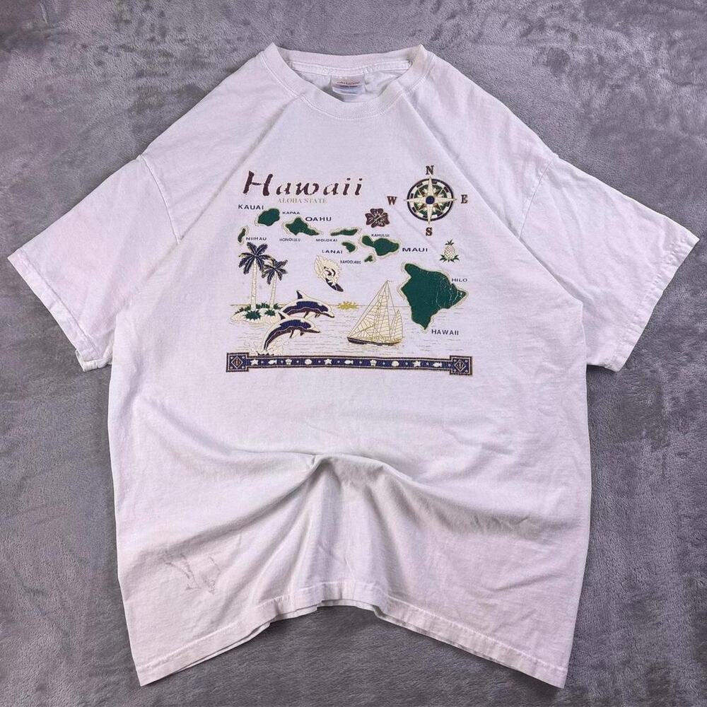 Vintage Hanes Heavyweight Hawaii Map Graphic T-Shirt Men’s Large White Tee